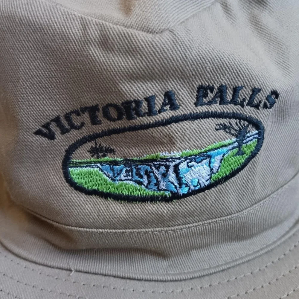 Vintage Victoria Falls Khaki Safari Sun Hat Wide Brim Embroidered Waterfall Cap - Picture 2 of 8